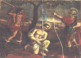 Trevi, Italy. Chiesa di S. Emiliano. Cantoria. Martirio di S. Emiliano, decapitazione presso l'olivo.