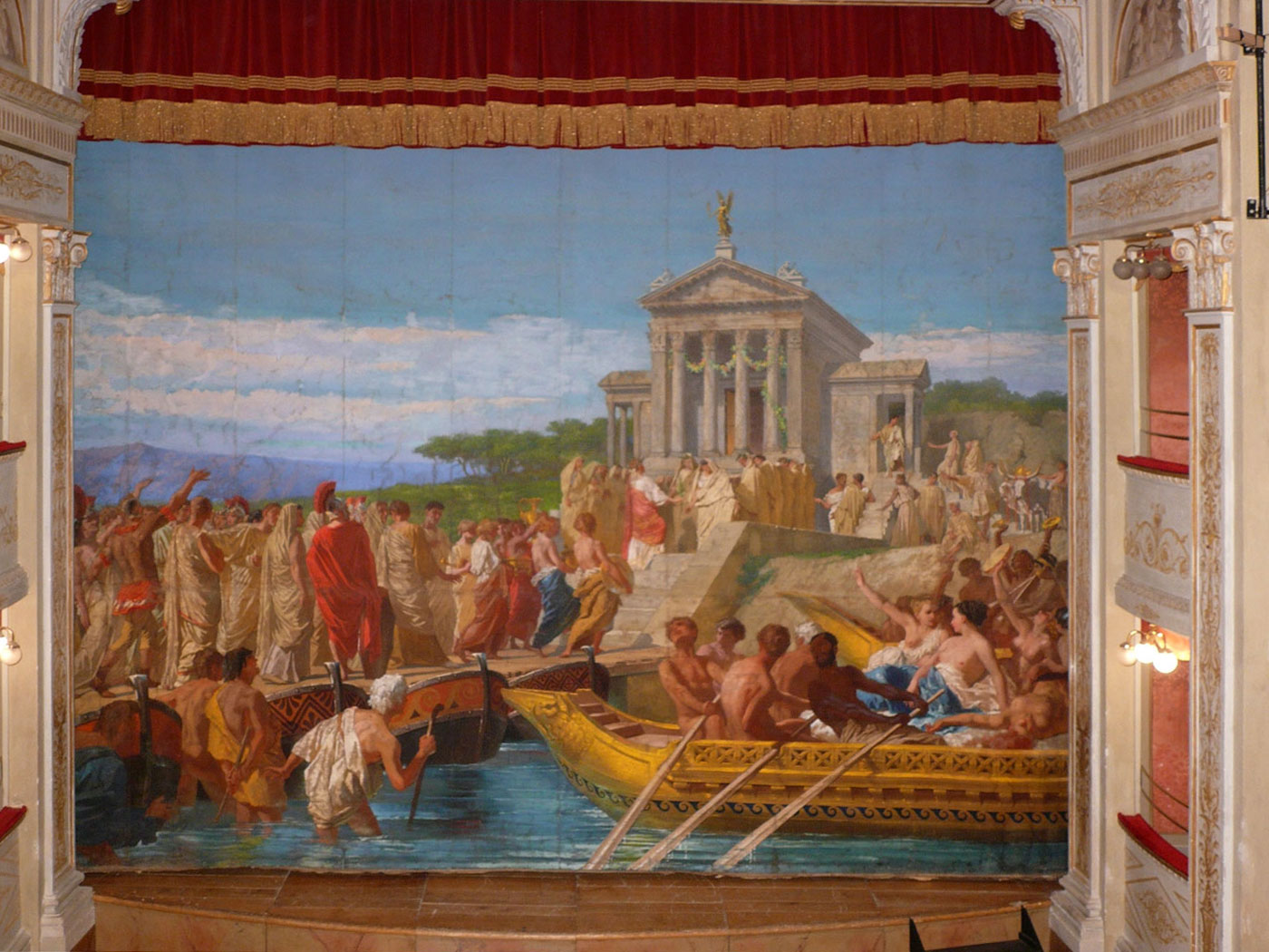 Trevi, Italy. Teatro Clitunno, sipario. L'imperatore Caligola offre sacrifici al dio Clitunno.