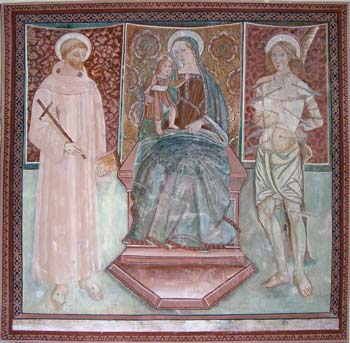 Trevi, Italy. Chiesa di S.Paolo di Coste. Madonna con Bambino tra S.Francesco e S. Sebastiano.