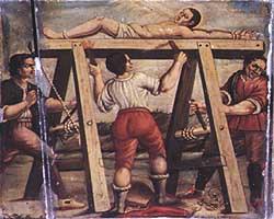 Trevi, Italy. Chiesa di S. Emiliano. Cantoria. Martirio di S. Emiliano, supplizio del cavalletto