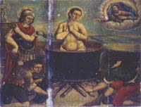 Trevi, Italy. Chiesa di S. Emiliano. Cantoria. Martirio di S. Emiliano, supplizio del piombo bollente.