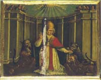 Trevi, Italy. Chiesa di S. Emiliano. Cantoria. Martirio di S. Emiliano. Il Santo tra i leoni.