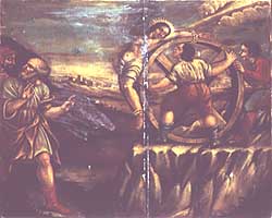 Trevi, Italy. Chiesa di S. Emiliano. Cantoria. Martirio di S. Emiliano, supplizio della ruota.
