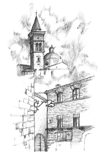Trevi, Scorcio ideale, disegno apenna di Michela Giusti, 2014